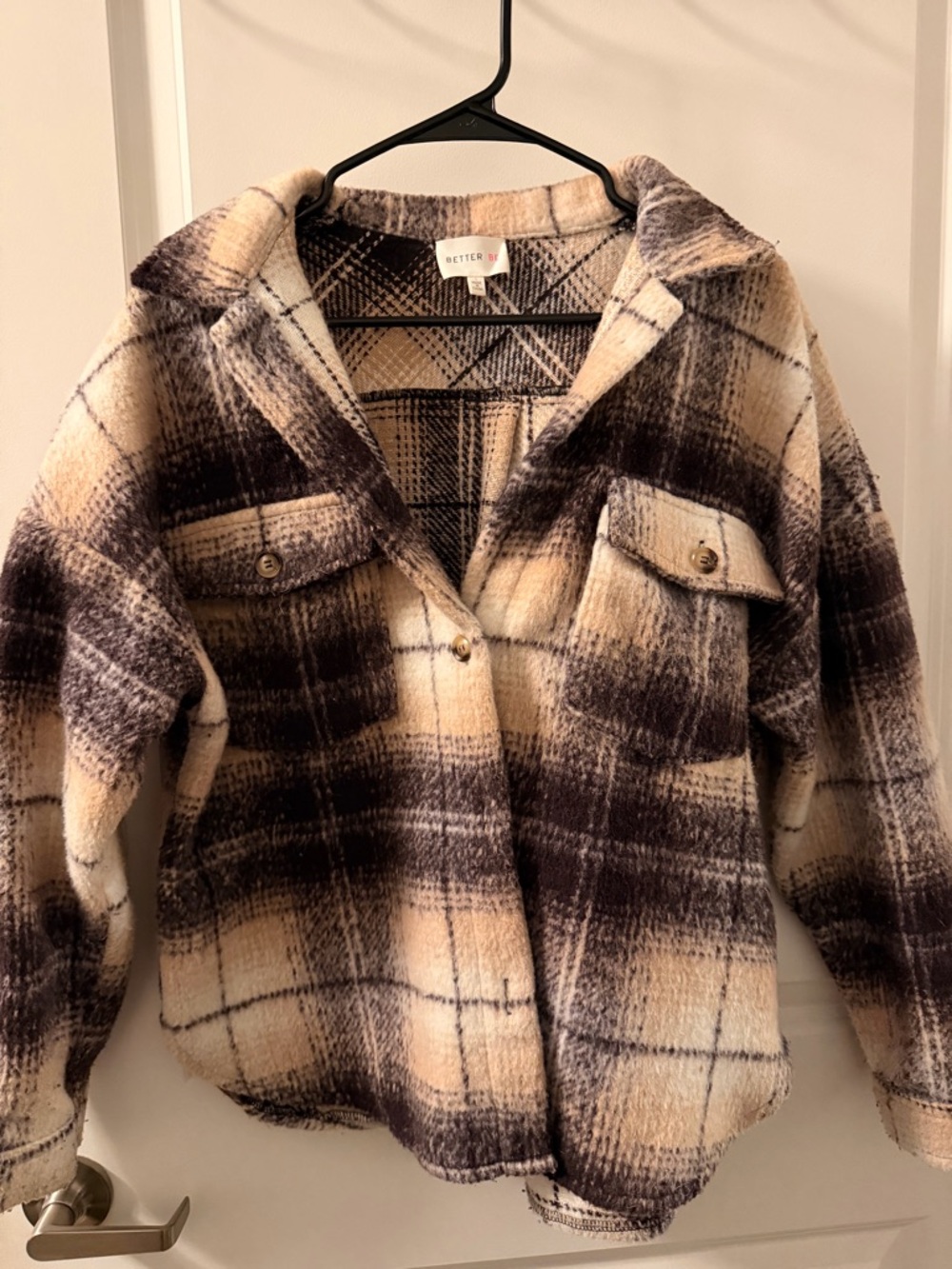 Plaid Button-Front Shacket in Cream and Brown